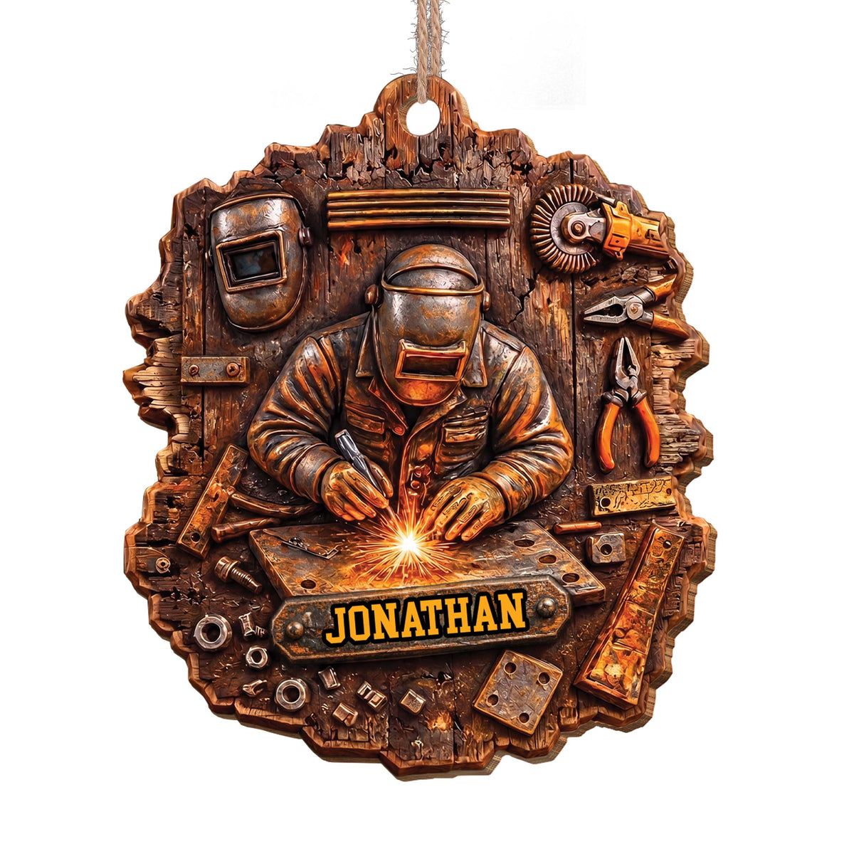 Personalized Welder Ornament With Name & Workshop Tools - Custom Rustic Wood Christmas Ornament, Welding Gift for Him - JBS007_WDO