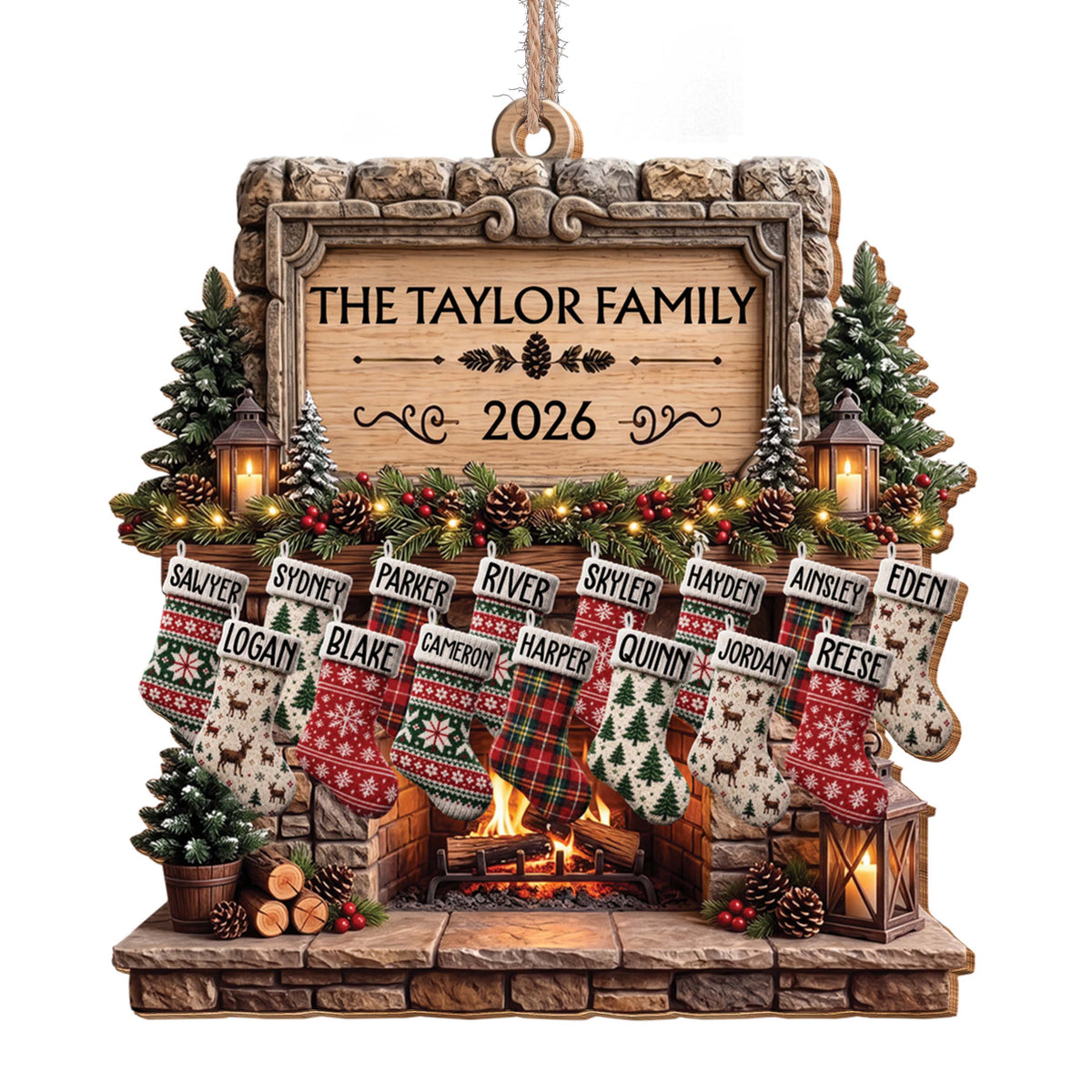Personalized Family Fireplace Wooden Ornament – Custom Christmas Tree Decor with Stockings and Names, Festive Holiday Gift - FAM009_WDO