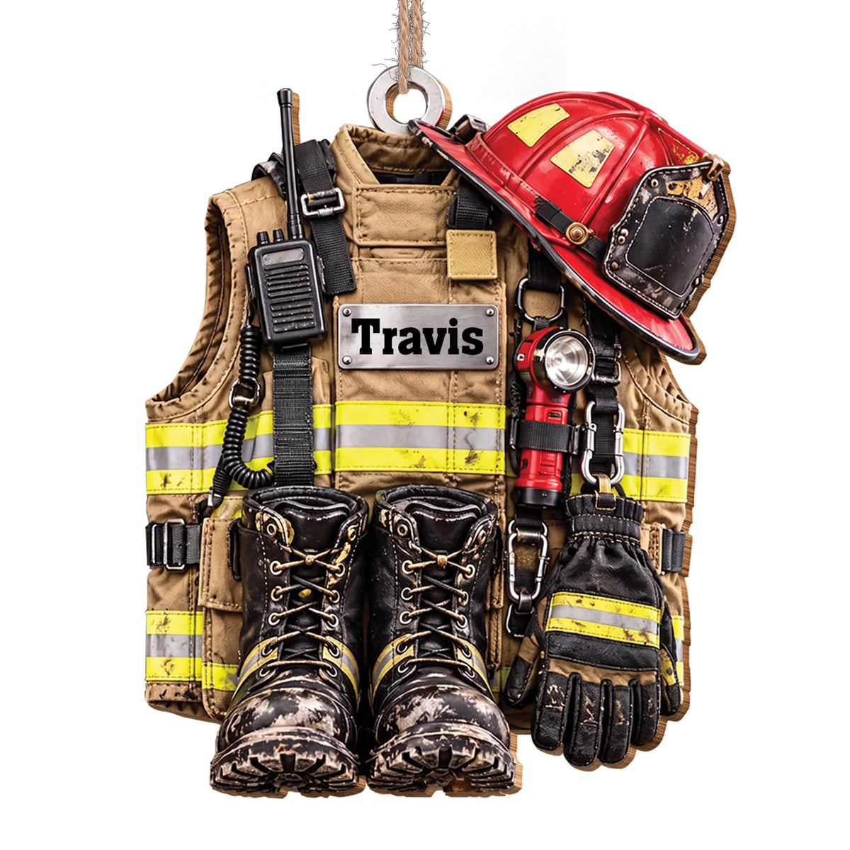 Personalized Firefighter Gear Wooden Ornament – Custom Name Firefighter Christmas Tree Decoration, Holiday Gift for Firefighter - FIF002_WDO