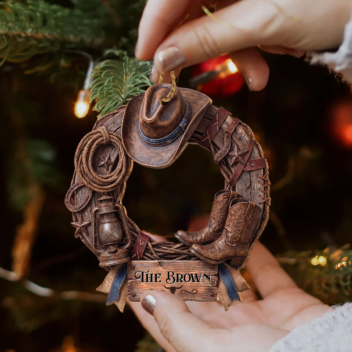 Personalized Family Cowboy Wreath With Hat & Boots - Custom Western Wood Ornament, Rustic Cowboy Christmas Ornament - FARM004_WDO